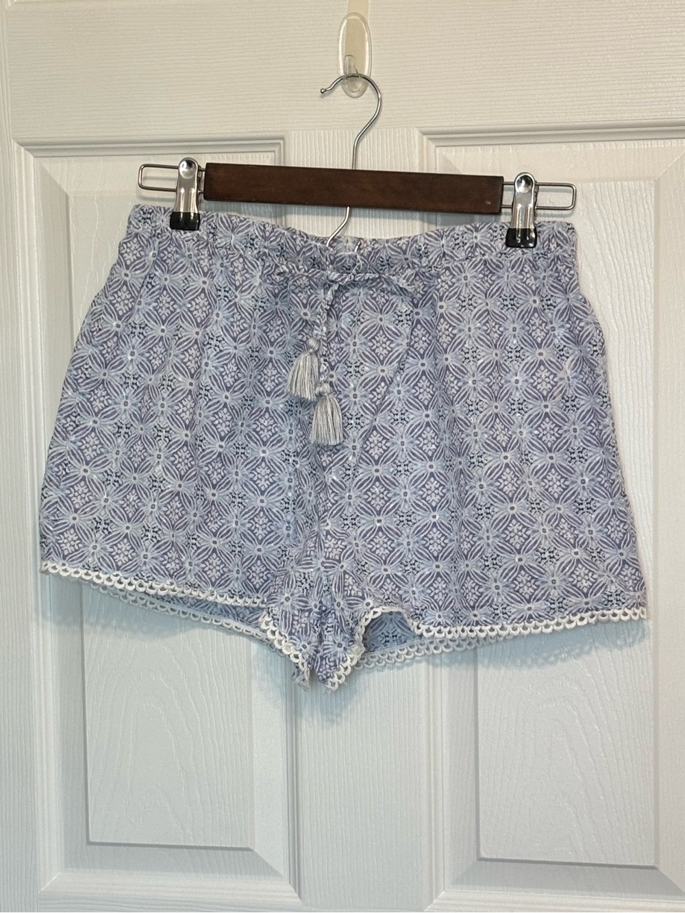 Haute Hippie Rayon Light Blue Geo Pattern Pajama Shorts Tassels Elastic Waist S